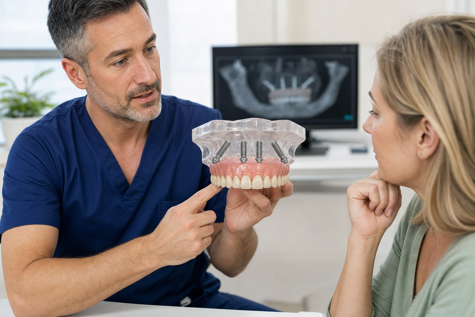 Dentist explaining a four-implant fixed full-arch model with two tilted posterior implants