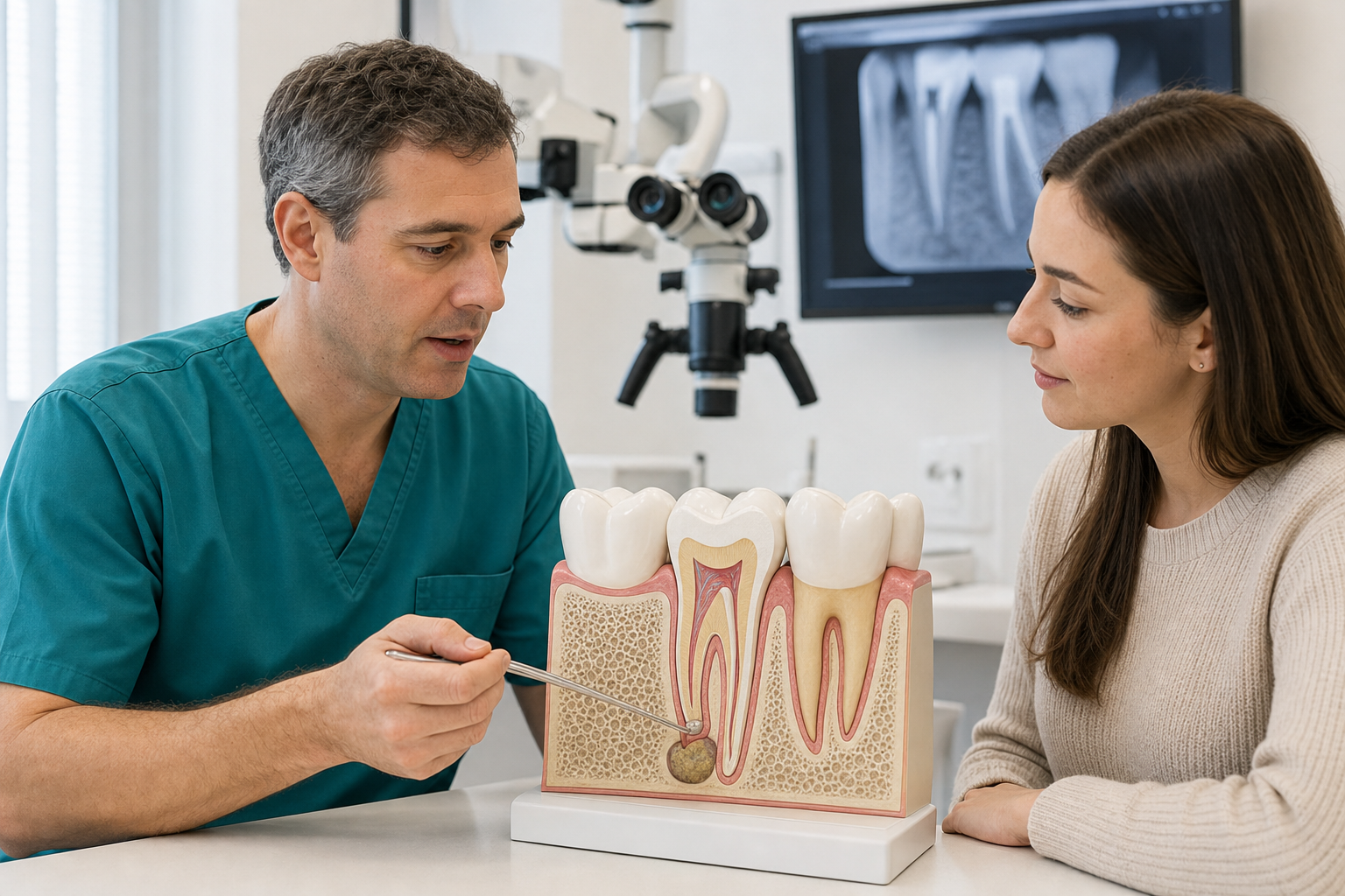 Endodontist explaining apicoectomy and a root-end filling on a cutaway tooth and bone model