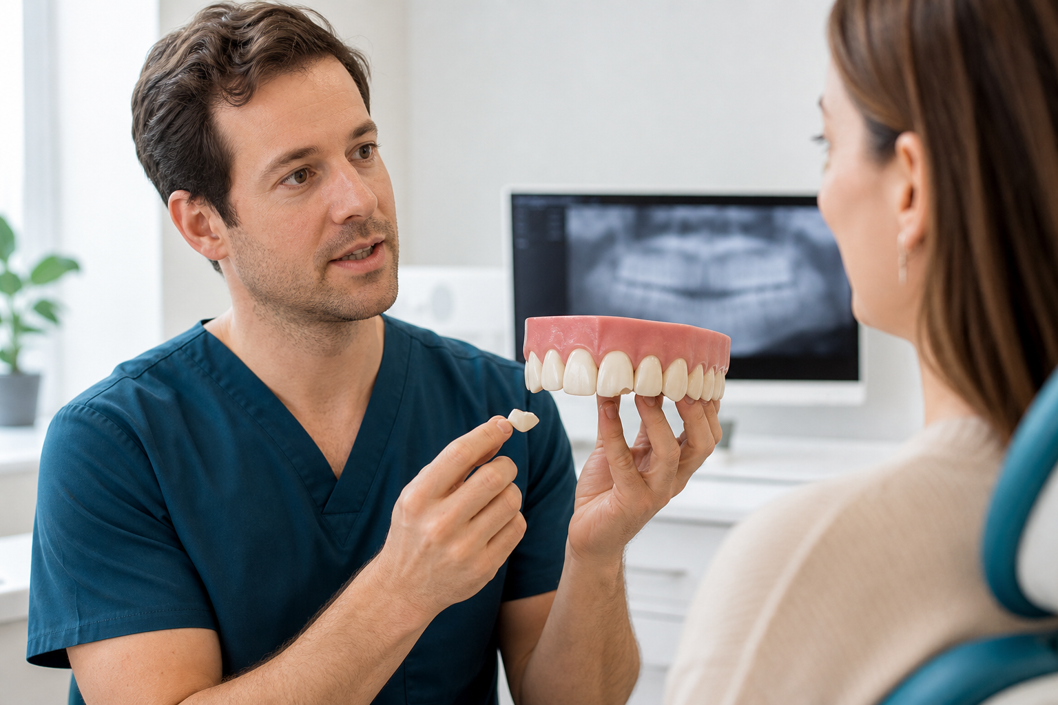 Restorative dentist explaining repair of a chipped front tooth with its matching fragment and an enlarged model