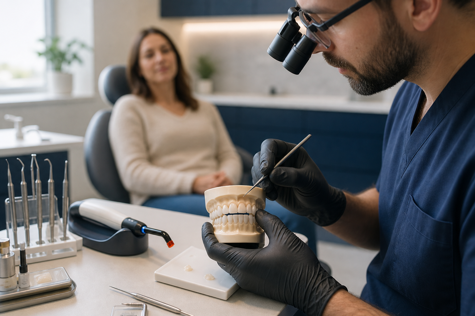 Dentist sculpting tooth-coloured composite on a dental model during treatment planning