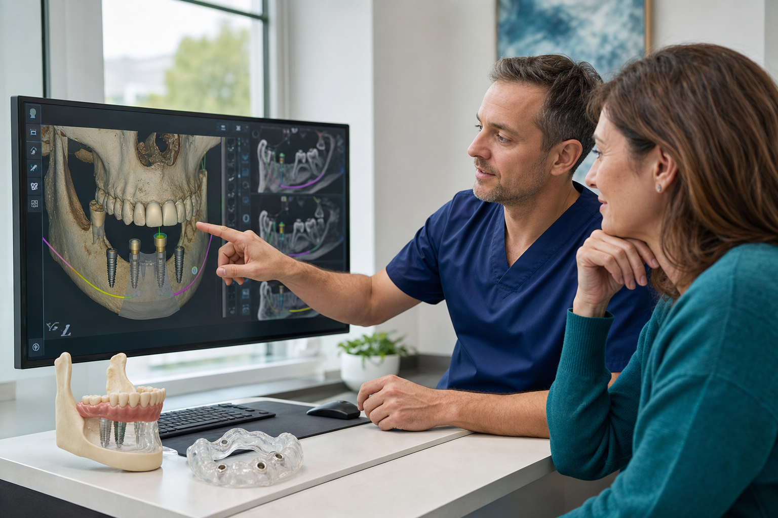 Implant dentist reviewing a merged CBCT and surface scan plan beside a surgical guide and jaw model