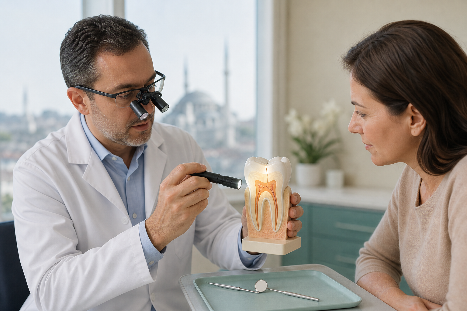 Restorative dentist demonstrating transillumination of an incomplete crack on an enlarged molar teaching model