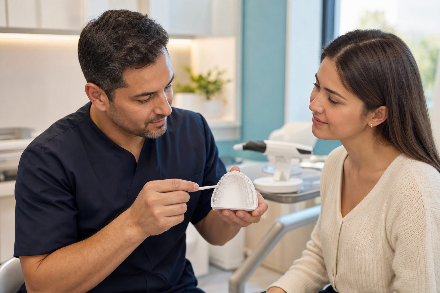 Dentist explaining a clear custom full-coverage night guard fitted on an upper-jaw model