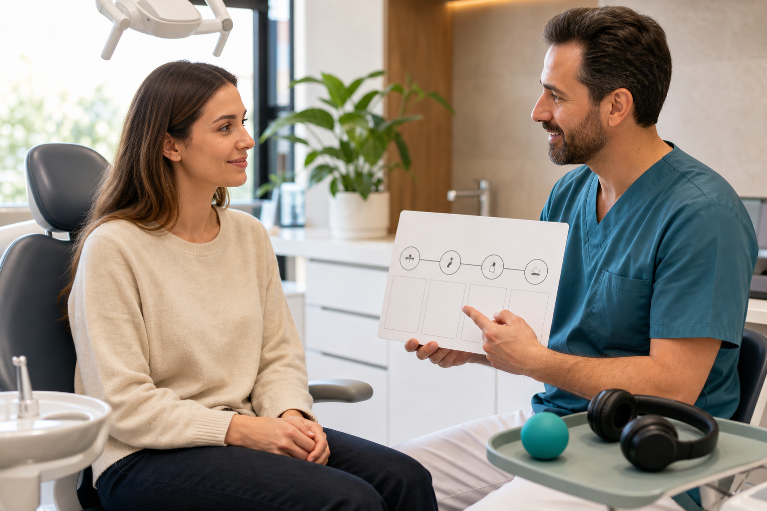 Dentist discussing a step-by-step anxiety support plan with a relaxed patient in a calm clinic