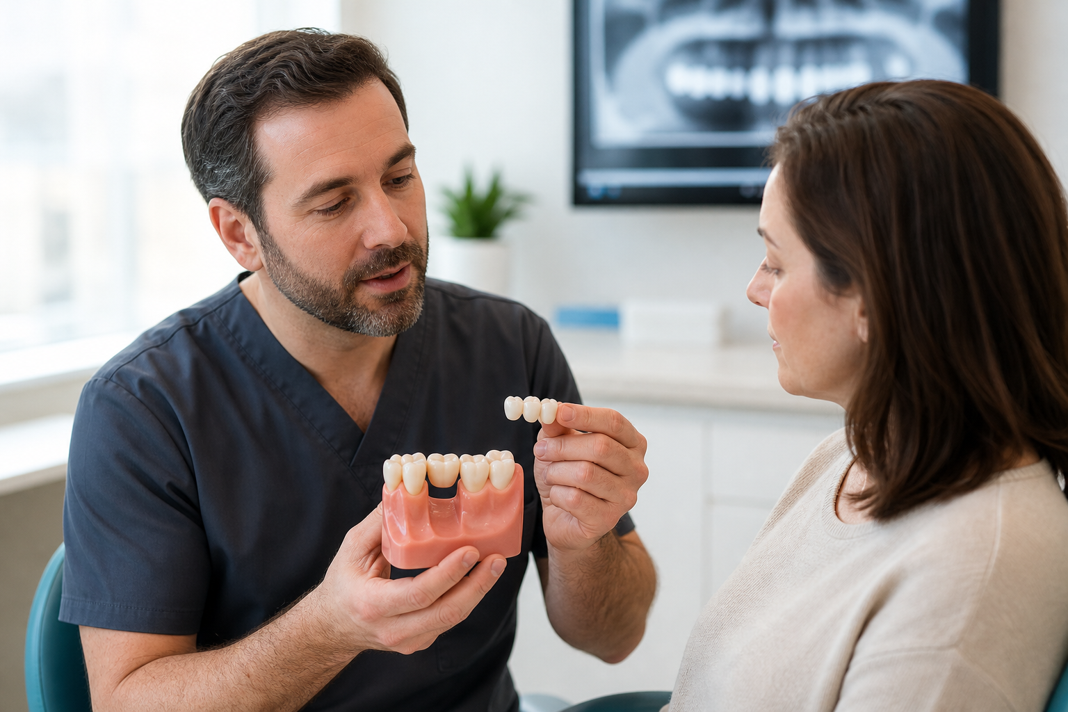 Restorative dentist explaining a fixed dental bridge beside a model with one missing tooth