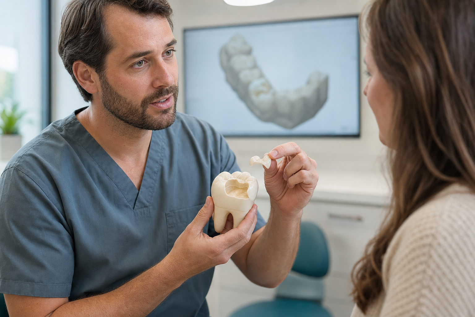 Restorative dentist explaining a partial-coverage ceramic onlay with an enlarged molar model