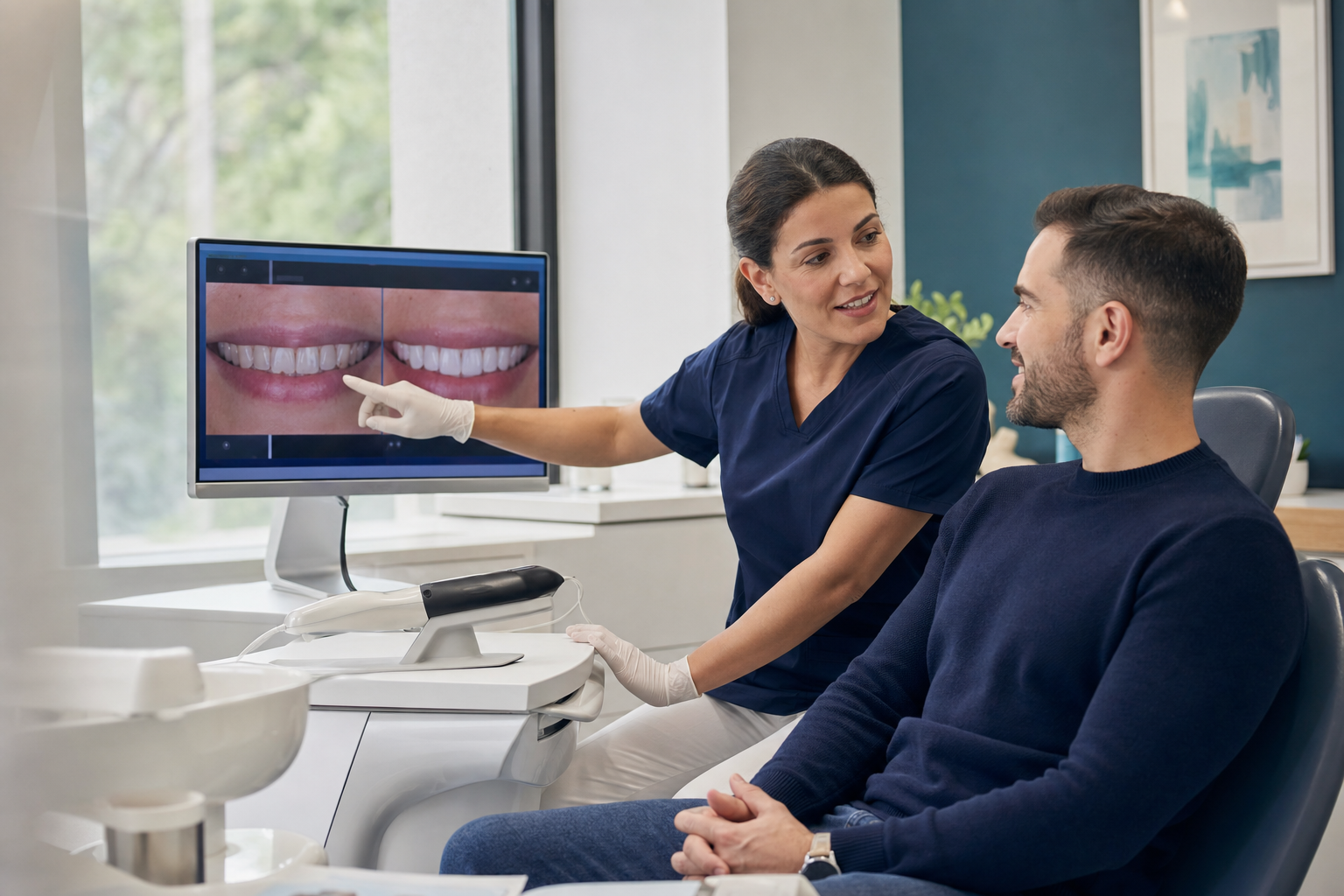 Dentist and patient reviewing a digital smile plan beside an intraoral scanner