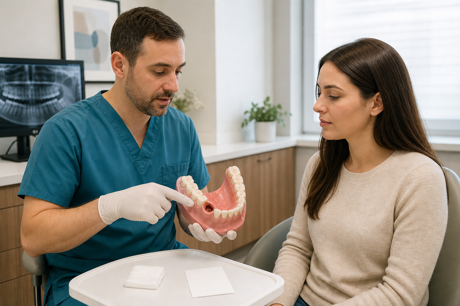 Dentist explaining a protected healing extraction socket and blood clot on an enlarged jaw model