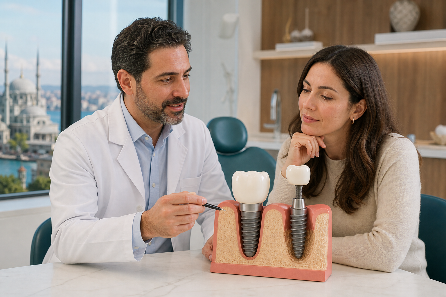 Implantologist comparing a healthy implant with peri-implant bone loss and a loose crown-and-screw component on a teaching model