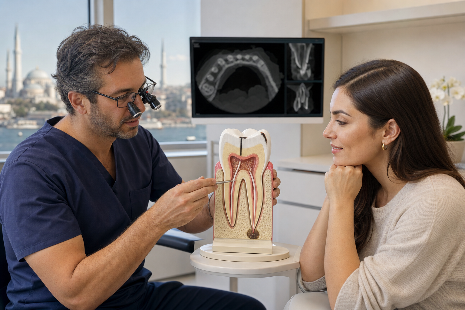 Endodontist explaining a missed canal, leaking restoration and apical lesion on an enlarged root-treated tooth model
