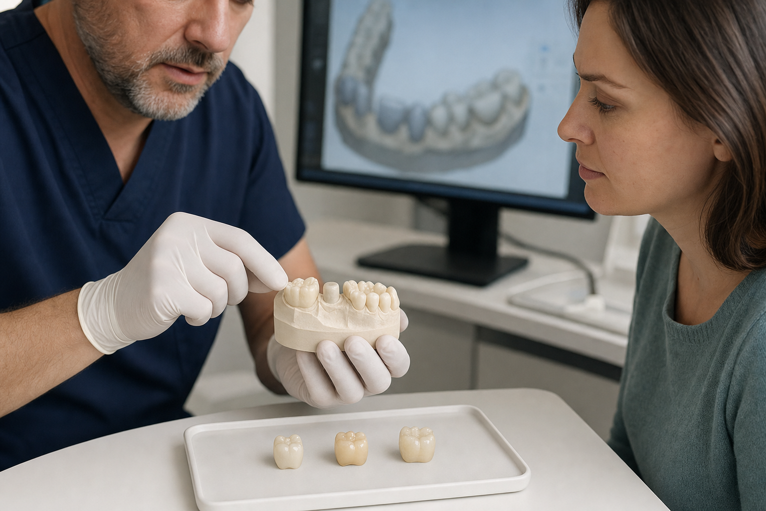Restorative dentist comparing translucent ceramic crown samples and a prepared-tooth model