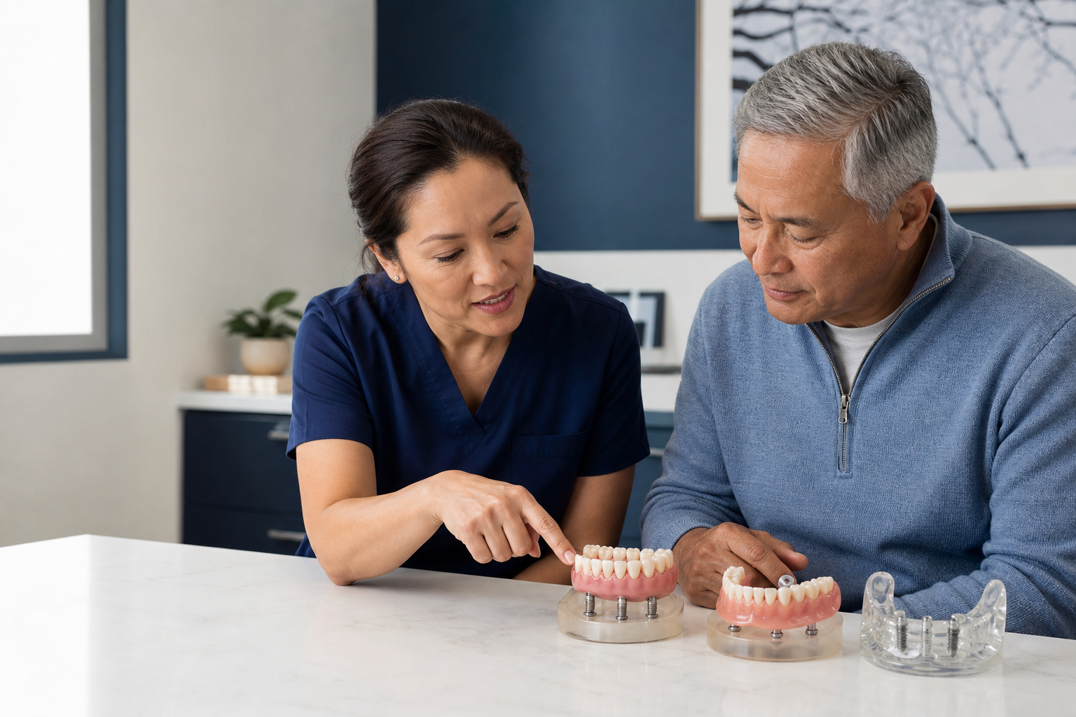 Prosthodontist comparing fixed full-arch implant and removable overdenture models with a patient