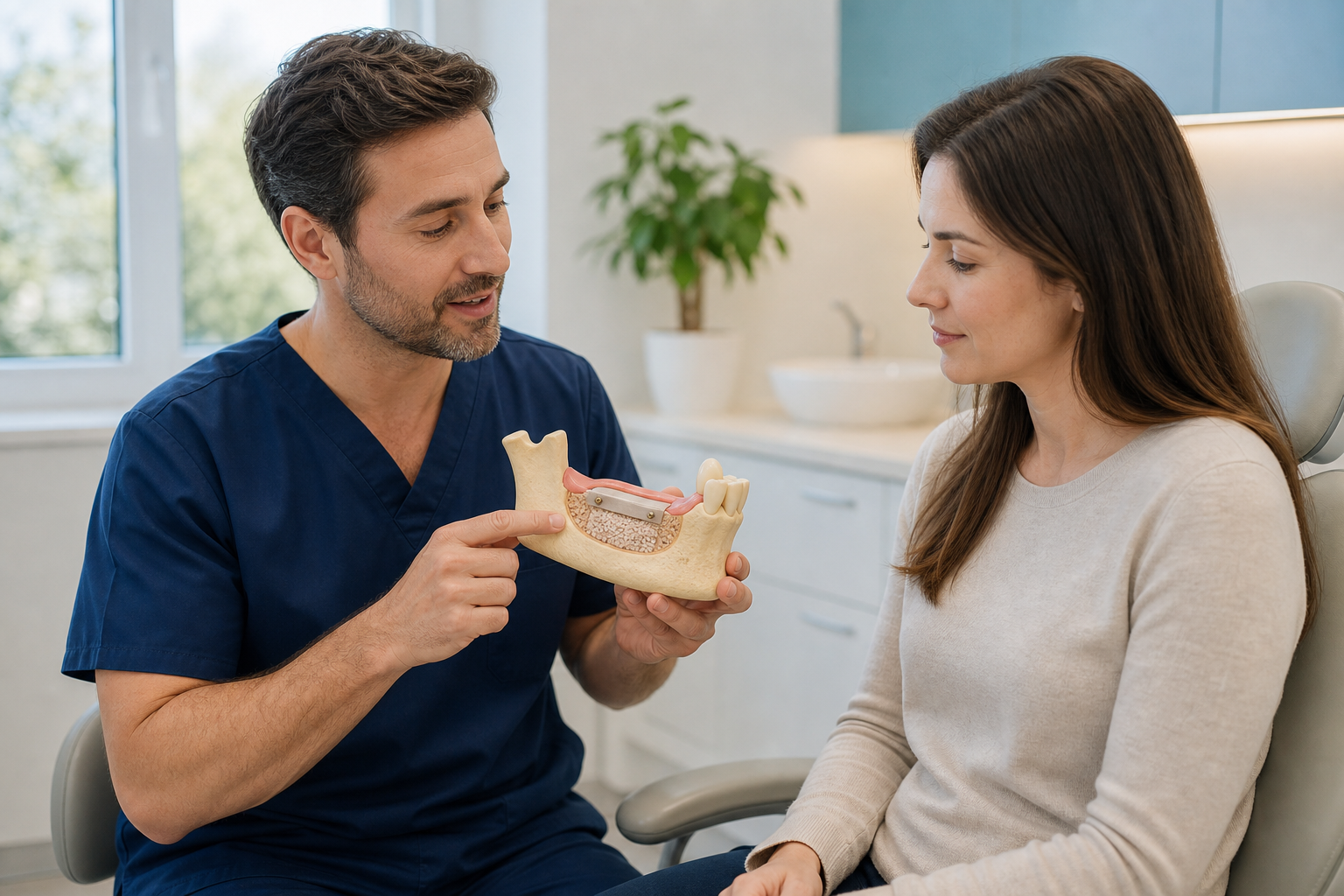 Oral surgeon explaining guided bone regeneration with a graft and barrier membrane jaw model