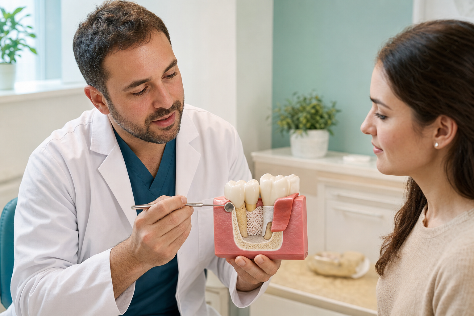 Periodontist explaining regenerative gum surgery with a graft and membrane teaching model