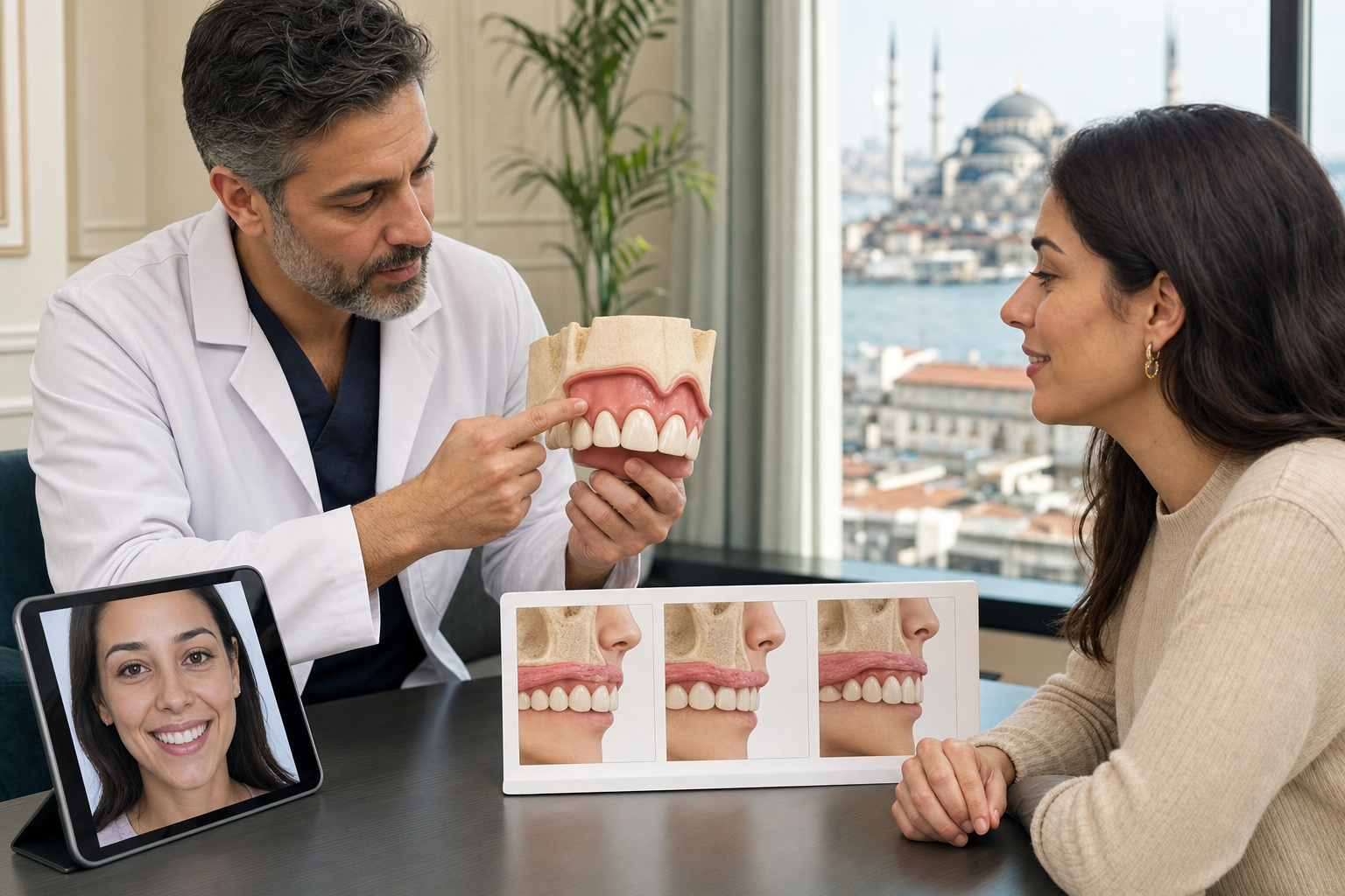 Periodontist explaining tooth, gum, upper-lip and upper-jaw causes of excessive gingival display with teaching models
