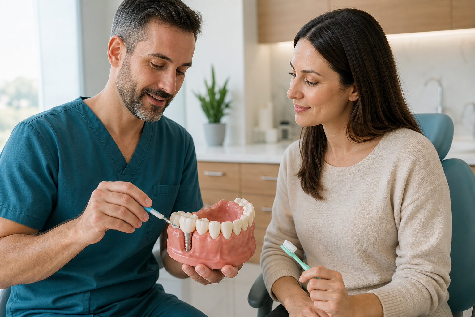 Dentist demonstrating interdental cleaning beside a dental implant crown on an enlarged jaw model