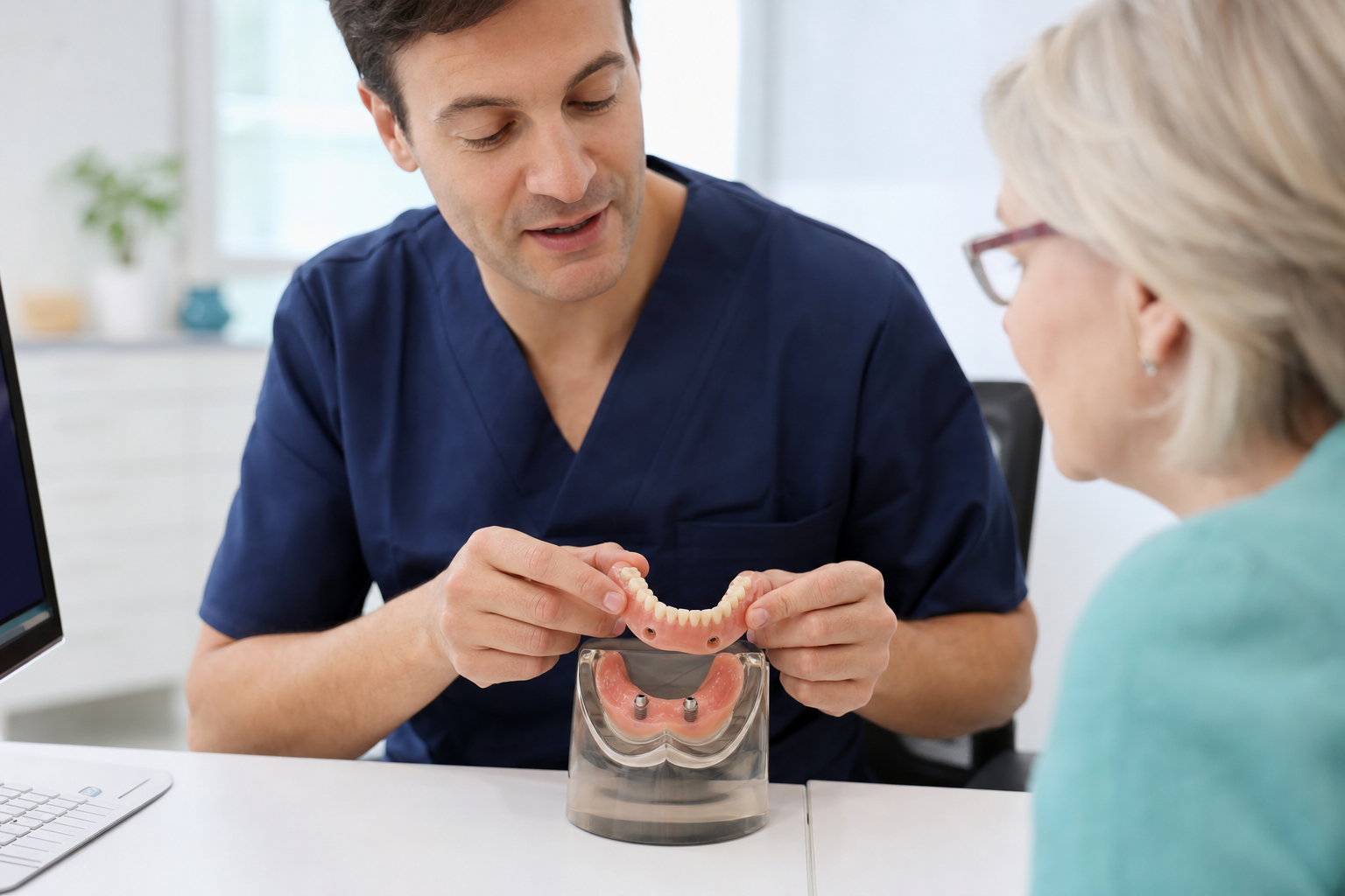 Prosthodontist demonstrating a removable implant overdenture and attachment model to a patient