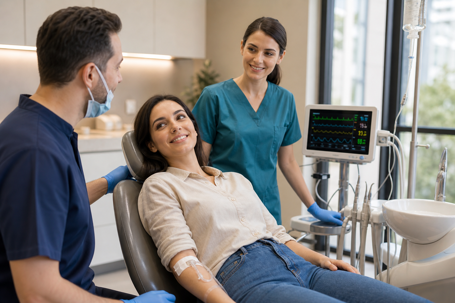 Awake dental patient receiving monitored IV sedation with a dentist and trained sedation clinician