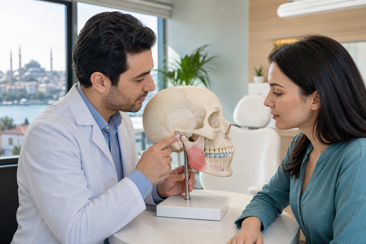 Dentist showing temporomandibular joint, chewing muscle and tooth-related jaw pain regions on an enlarged skull-and-jaw teaching model