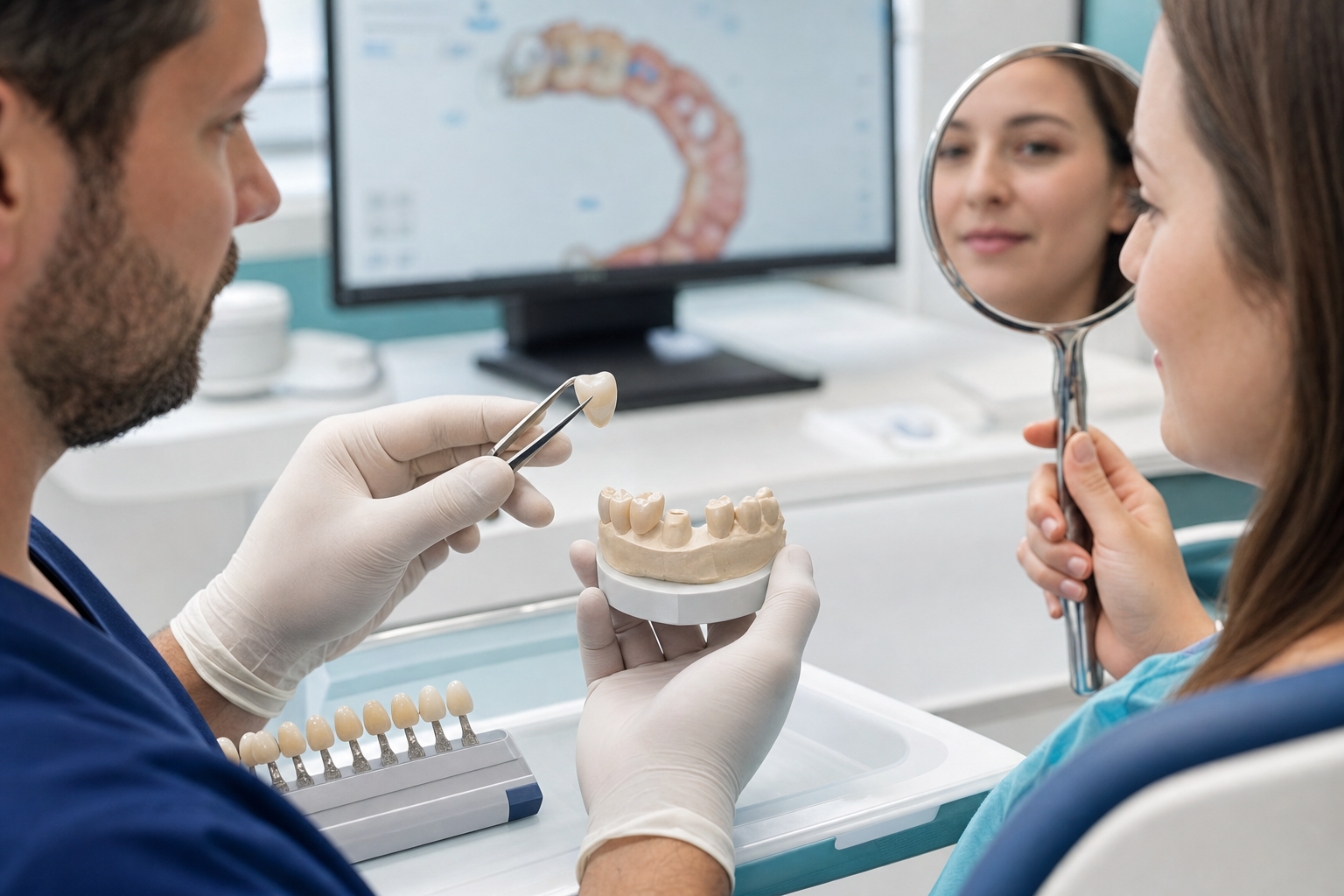 Restorative dentist evaluating the shade and fit of a lithium disilicate crown beside a prepared-tooth model