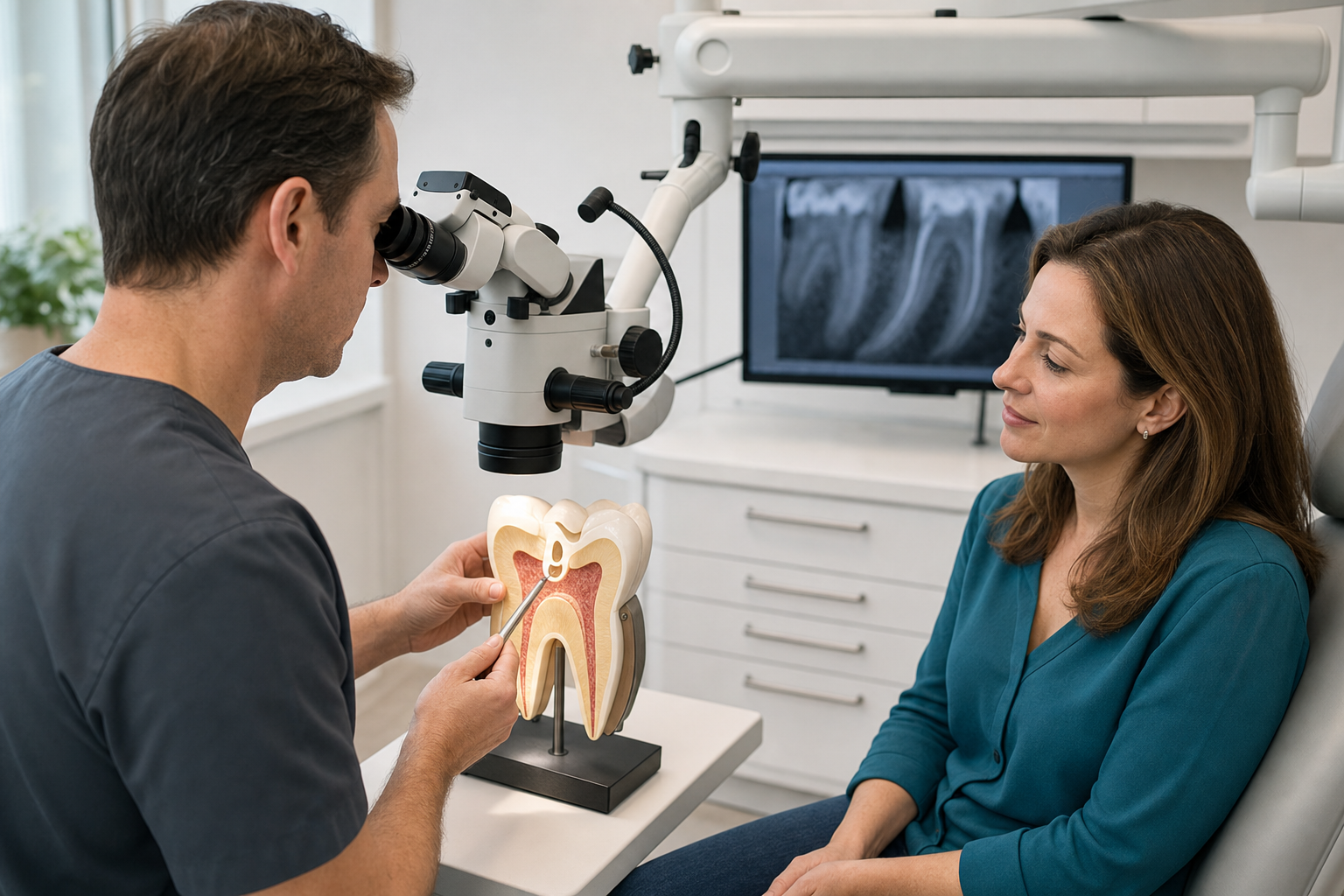 Endodontist demonstrating microscope-assisted root canal inspection on an enlarged molar model