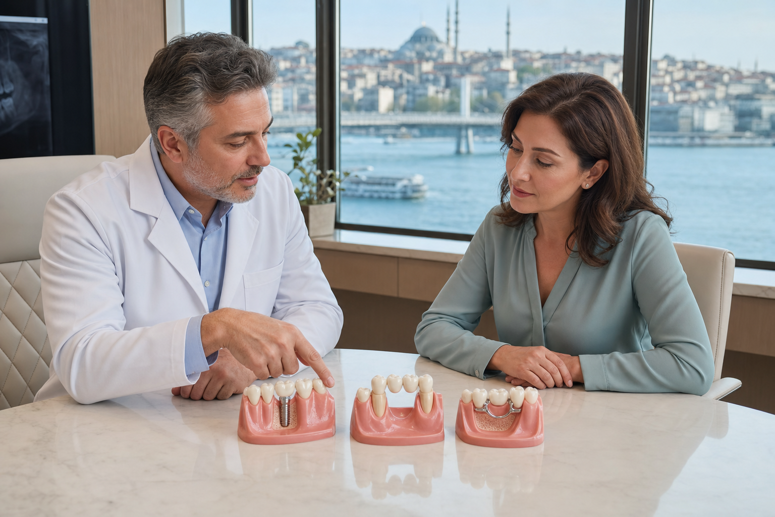 Dentist comparing implant crown, dental bridge and removable denture models for a patient with a missing tooth