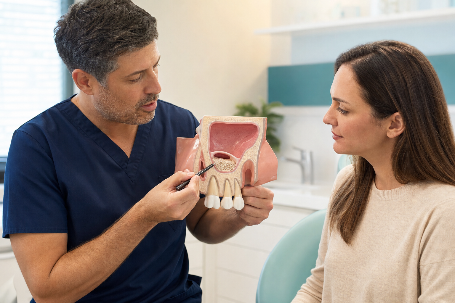Oral surgeon explaining an open sinus lift with a lateral-window upper-jaw teaching model