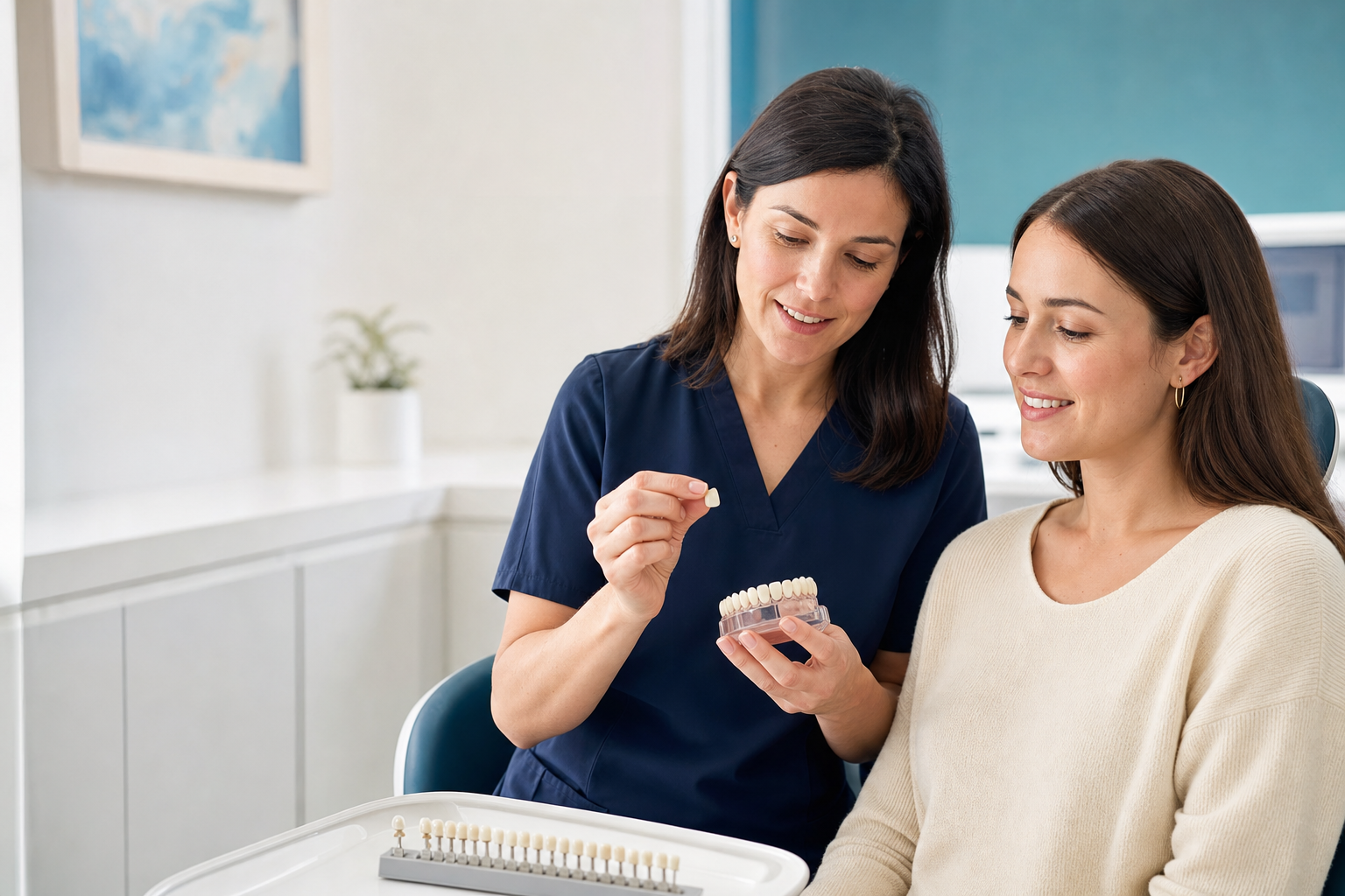 Dentist showing a thin porcelain veneer and shade guide to an adult patient