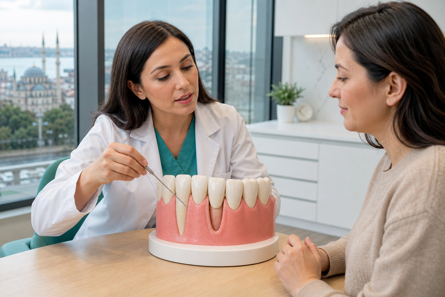 Periodontist explaining healthy gum coverage and a localized recession defect on an enlarged lower-front-teeth teaching model