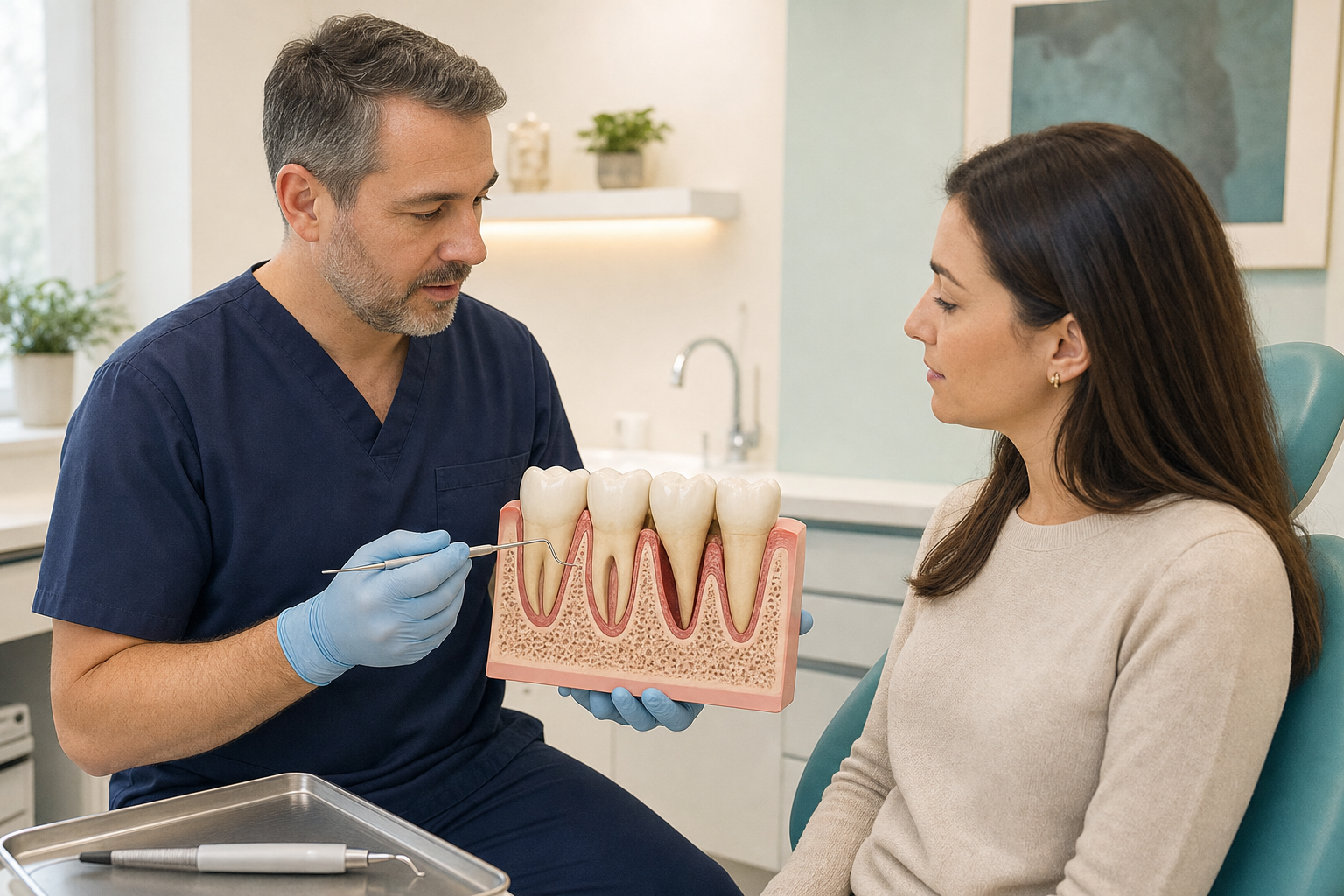 Periodontist explaining scaling and root planing with a periodontal pocket model and probe