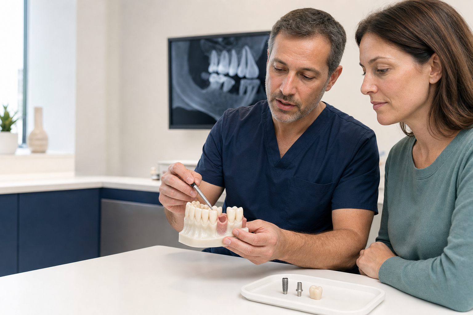 Implant dentist explaining a missing-tooth model with implant, abutment and crown components