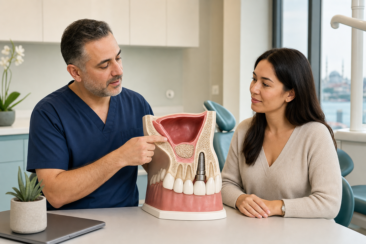 Dentist explaining sinus lift recovery with an upper-jaw and maxillary sinus teaching model