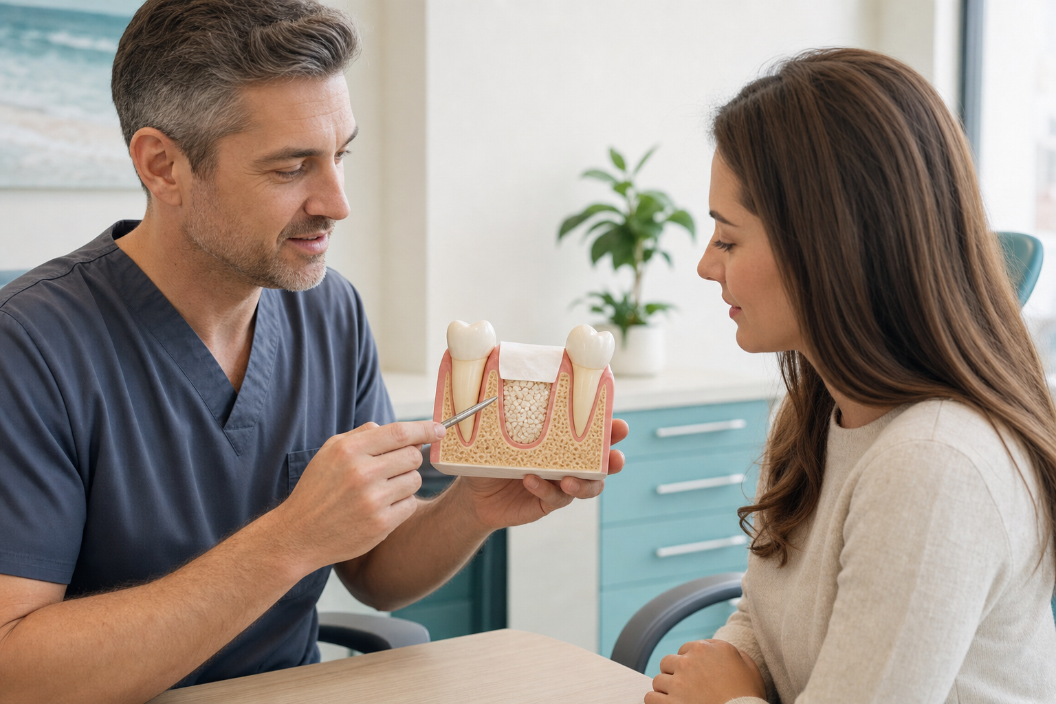 Dental surgeon explaining socket preservation with graft particles and a collagen membrane on a jaw model