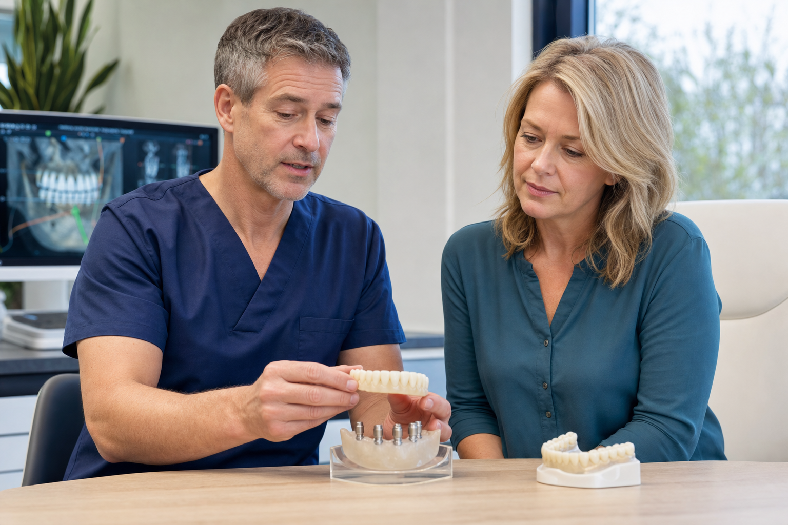 Dentist and patient reviewing a same-day full-arch provisional model and digital treatment plan