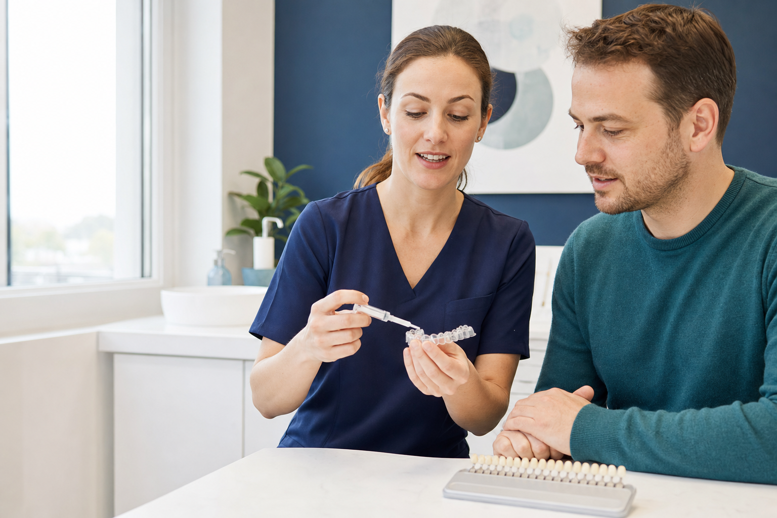 Dentist demonstrating safe whitening gel placement in a custom tray for an adult patient