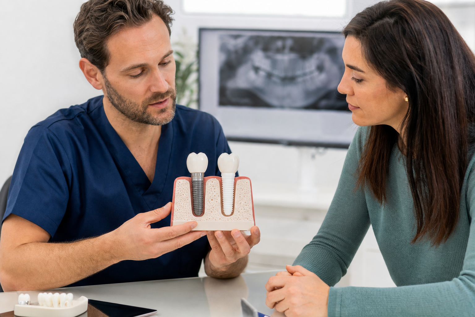 Dentist comparing titanium and tooth-coloured zirconia implant models during a patient consultation