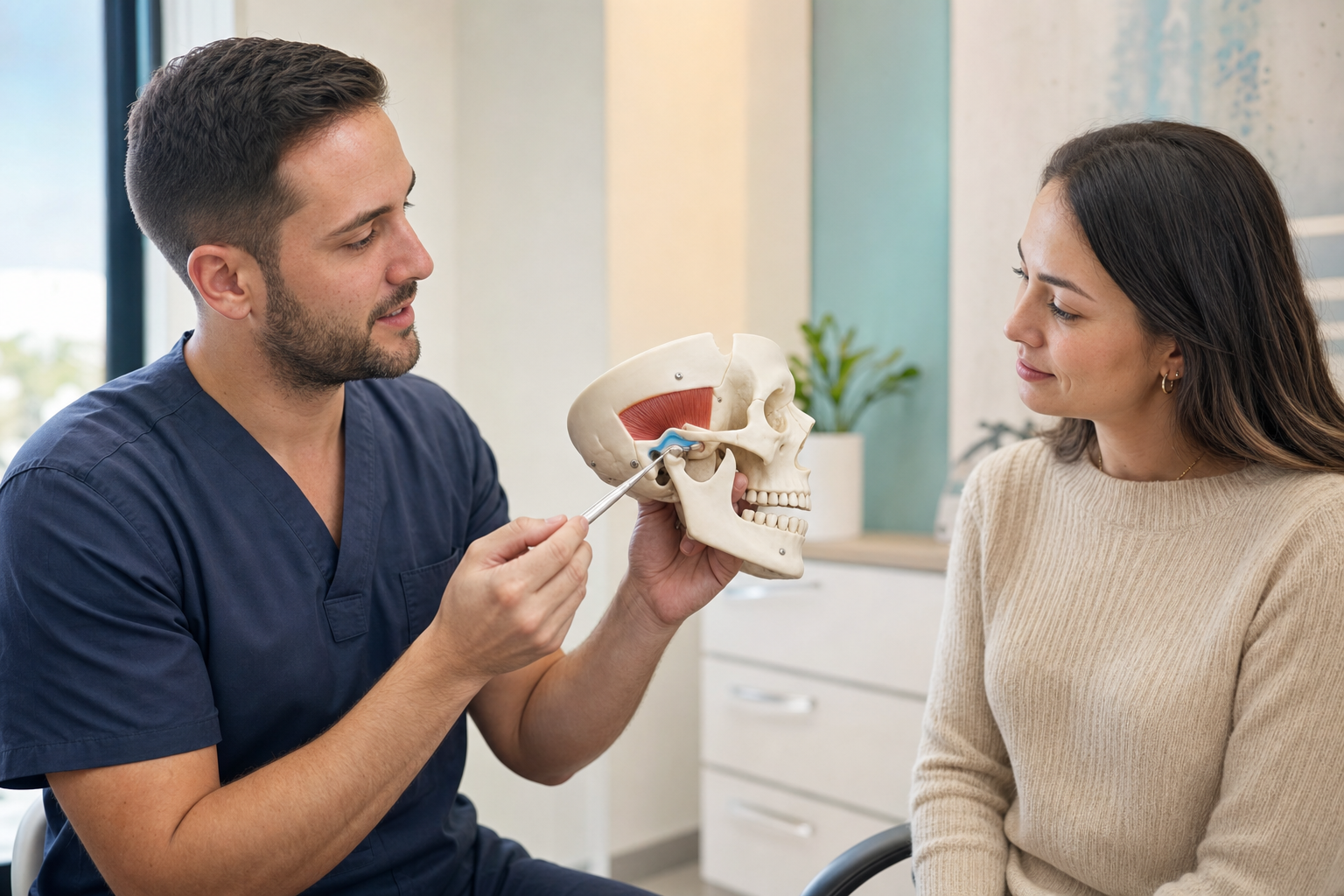 Orofacial pain dentist explaining the temporomandibular joint and disc on an anatomical model