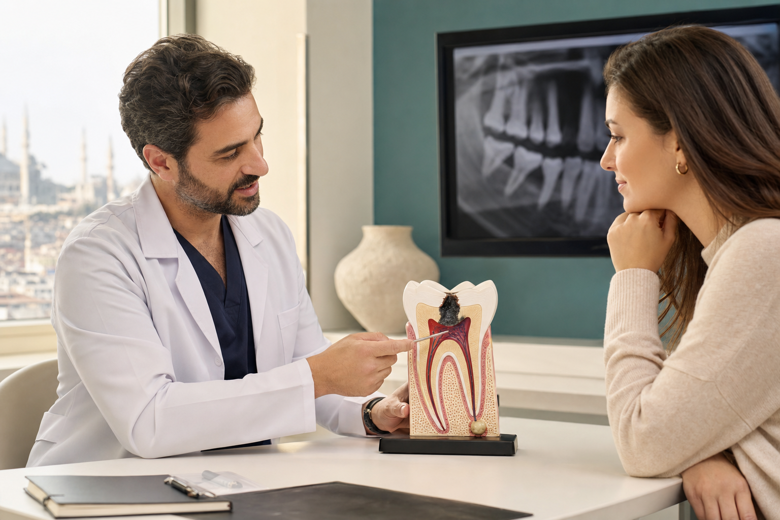 Endodontist explaining decay, infected root canal and a small apical abscess on an enlarged cutaway molar model