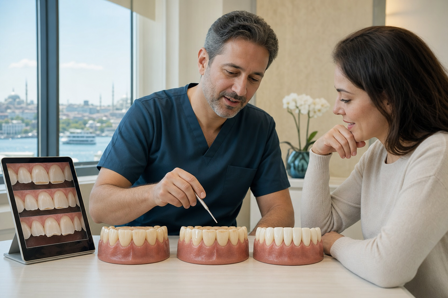Restorative dentist comparing healthy teeth with erosive and mechanical tooth-wear patterns on teaching models
