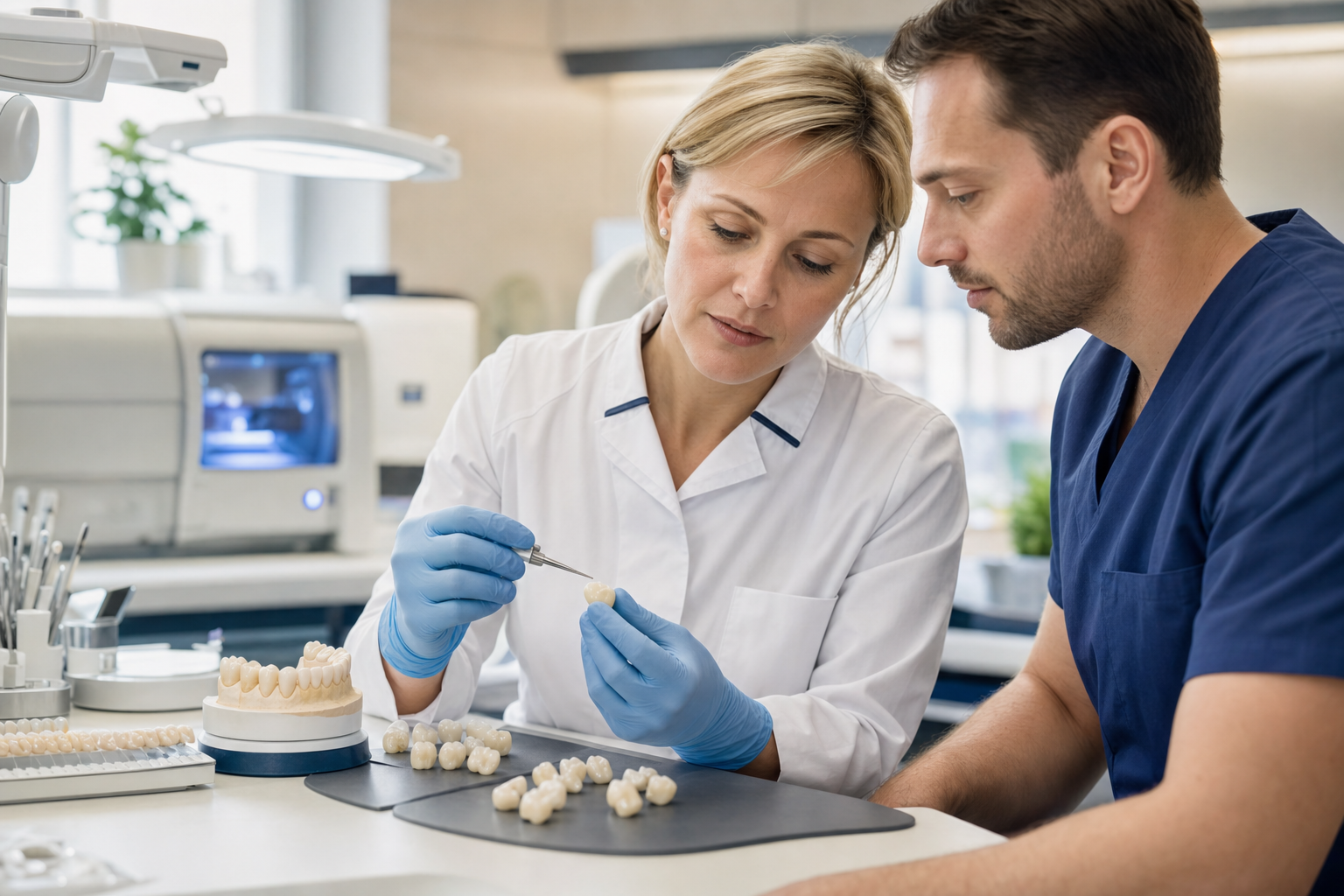 Dental technician and dentist assessing a zirconia crown and dental model in a laboratory