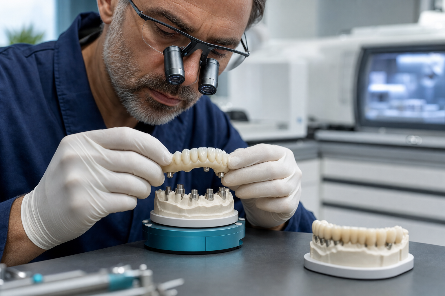 Dental technician inspecting a polished zirconia full-arch implant prosthesis with titanium interfaces