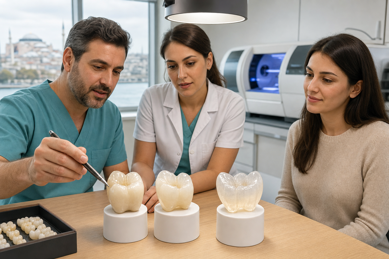 Restorative dentist and dental technician comparing high-strength, balanced and high-translucency zirconia crown teaching samples under inspection light